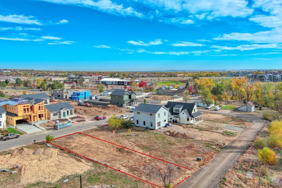 Aerial view of the buildable lot at 110 W William Street, Old Town Superior, Colorado